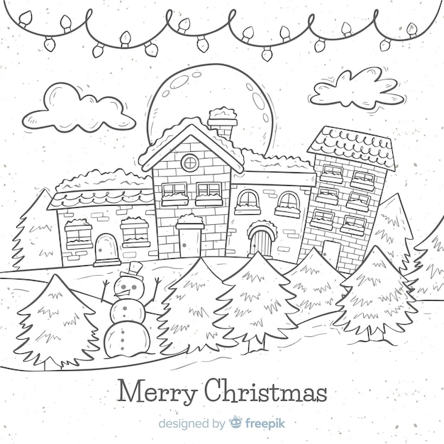 Christmas city coloring page. Christmas Fair on Town Square, street markets  and cute animals. Coloring book for children and adults Stock Vector