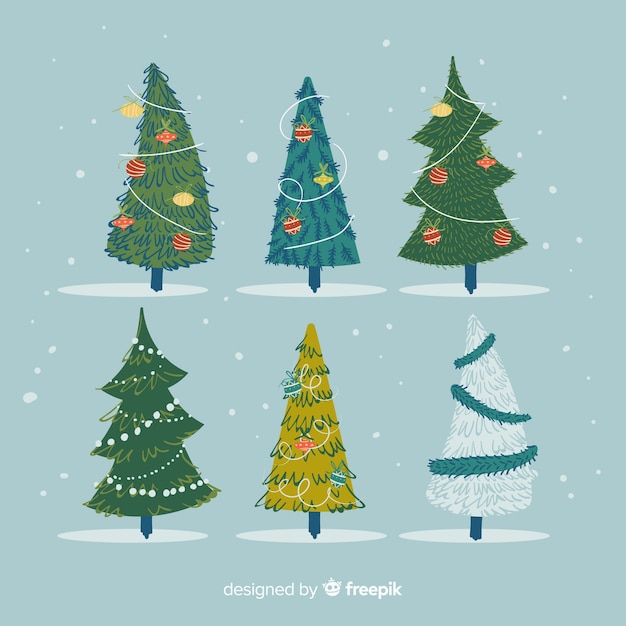 無料ベクター 素敵な手描きのクリスマスツリーコレクション