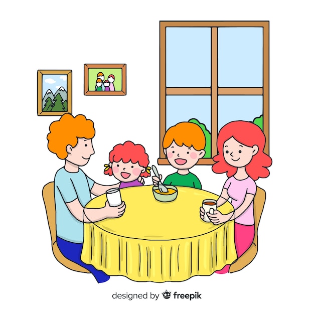 Free vector lovely hand drawn family at home