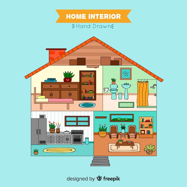 Free vector lovely hand drawn home interior design