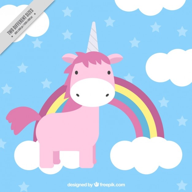 Free vector lovely hand drawn pink unicorn with rainbow and clouds