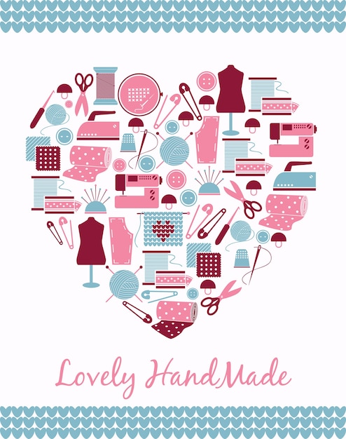 Free vector lovely handmade. heart shape sign of sewing, knitting and pattern pieces.