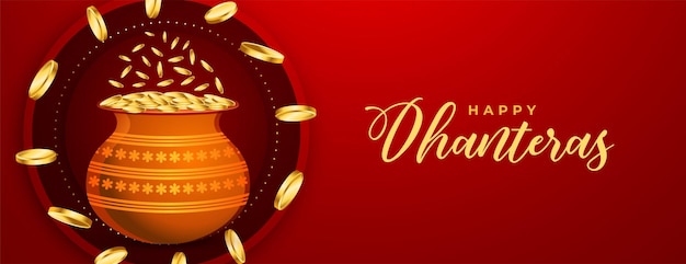 Vettore gratuito adorabile felice banner di moneta d'oro dhanteras per ricchezza e prosperità vettore