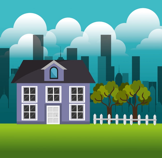 Free vector lovely house family suburb landscape