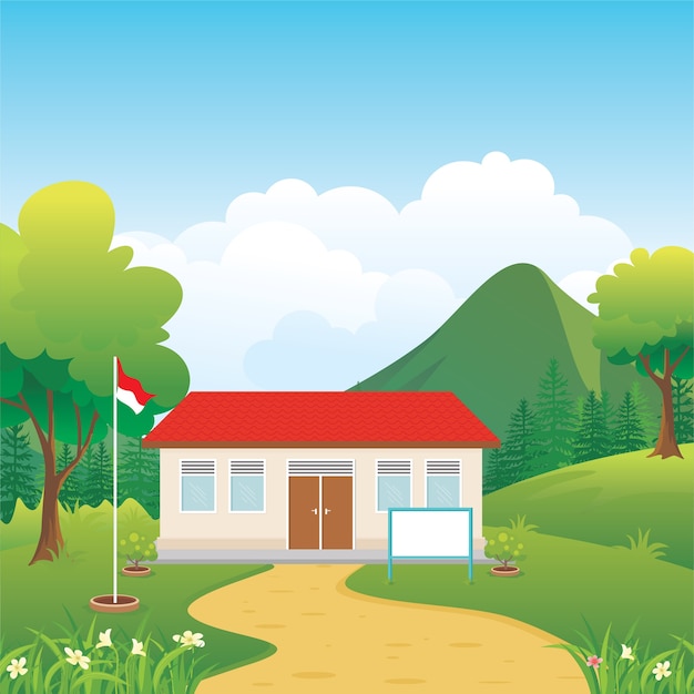 Lovely indonesian school building in the countryside  illustration