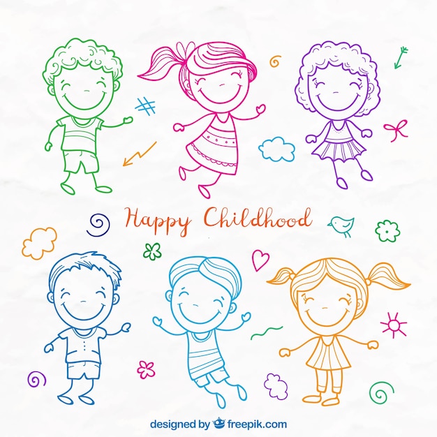 Free vector lovely kids colored sketches set