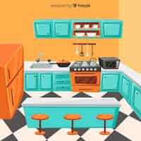 Free vector lovely kitchen interior with flat design