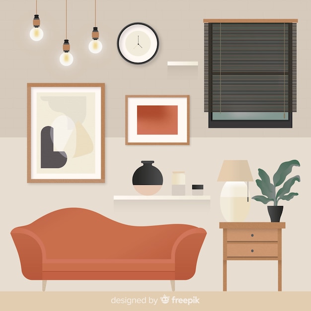 Бесплатное векторное изображение Прекрасная гостиная с плоским дизайном