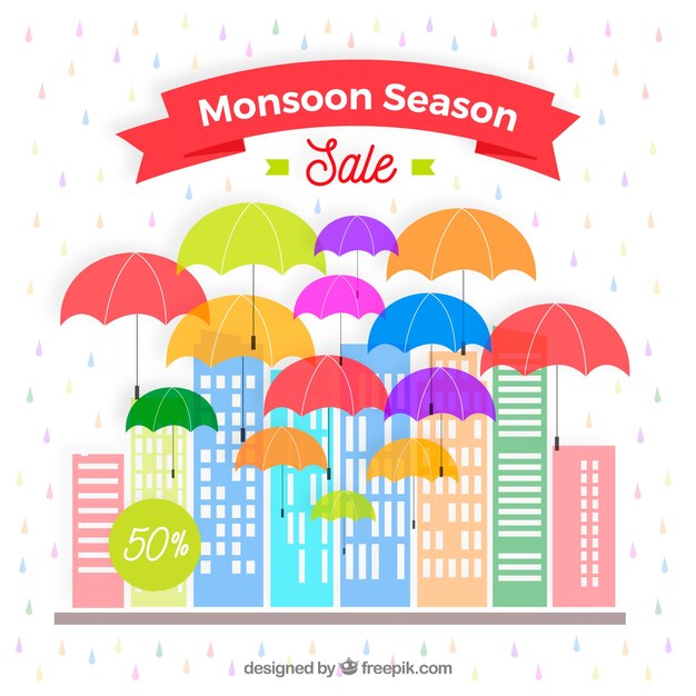 Vettore gratuito composizione di vendita di monsone incantevole con design piatto