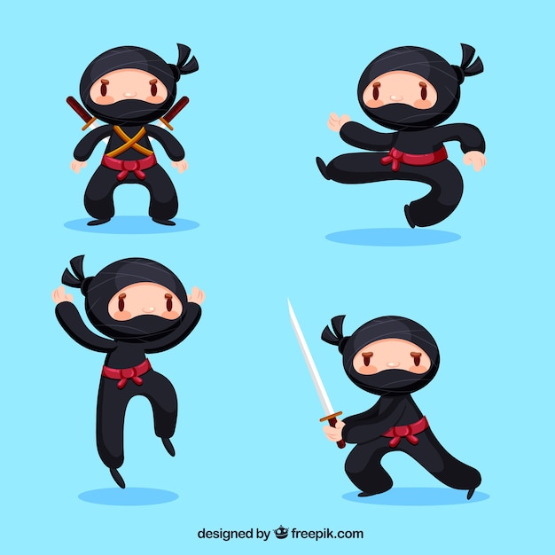 Vettore gratuito bella collezione di personaggi ninja con design piatto