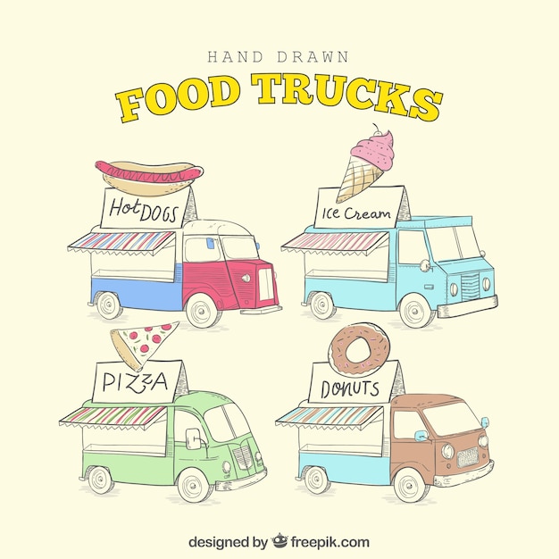 無料ベクター 手描きの食品トラックの素敵なパック
