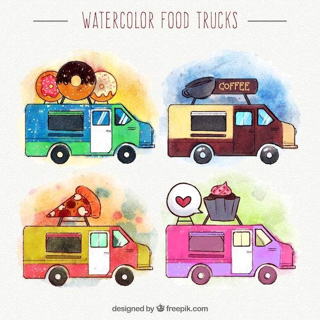 Free vector lovely pack of watercolor food trucks