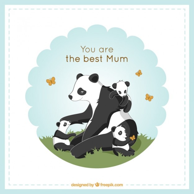 Free vector lovely panda mom playing with her puppies card
