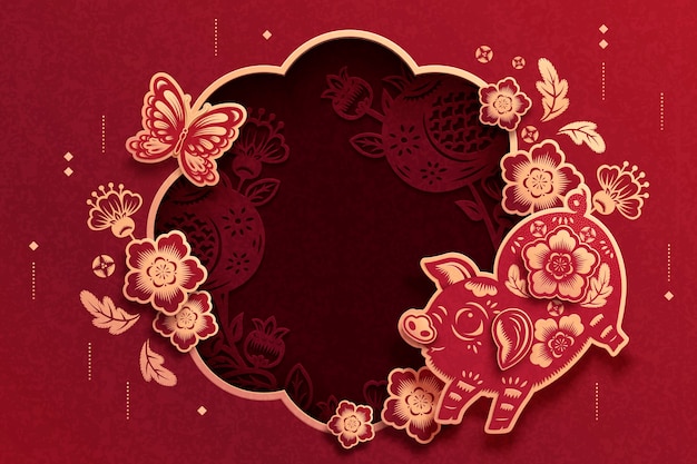 Lovely paper cut background with pig and flowers decorative frame