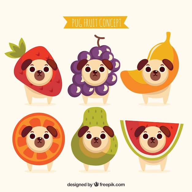 Vettore gratuito pugs e frutta incantevoli