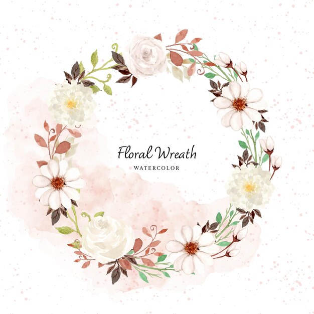 Free vector lovely rustic white watercolor floral wreath with abstract stain