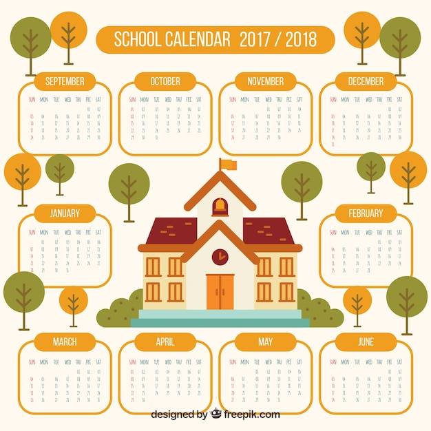 Vettore gratuito calendario scolastico bella con edificio scolastico