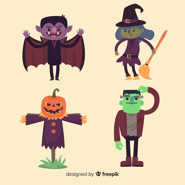 Free vector lovely set of halloween characters with flat design