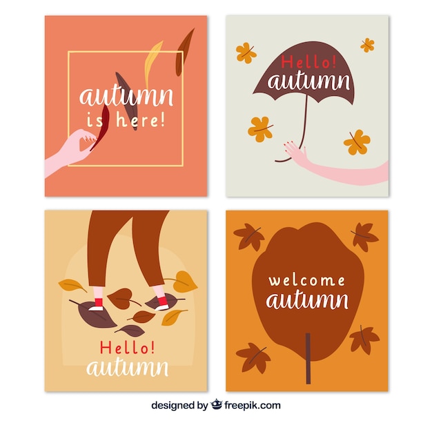 手描きの秋のカードの素敵なセット