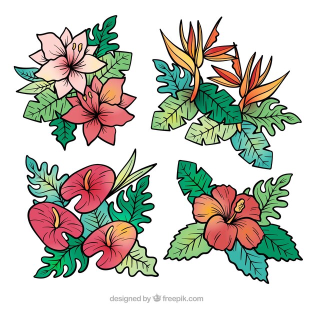 Lovely set of hand drawn tropical flowers