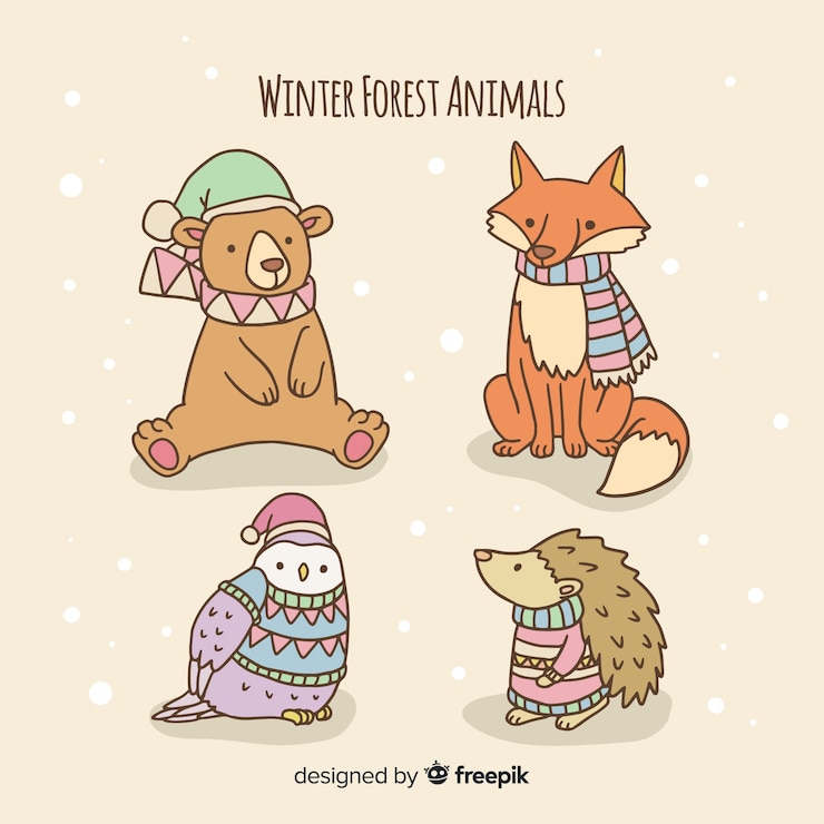 Free Vector lovely set of hand drawn winter animals
