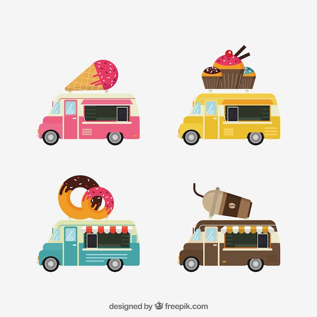Бесплатное векторное изображение Прекрасный набор красочных продовольственных грузовиков
