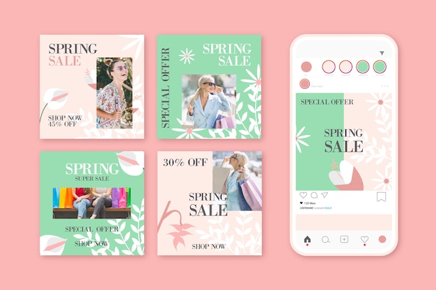 Free vector lovely spring sale instagram posts pack