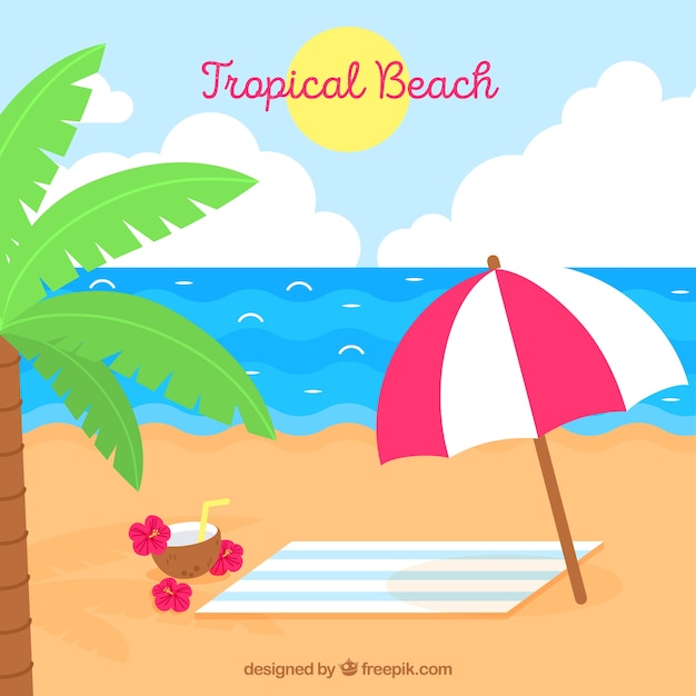 Free vector lovely tropical beach with flat design