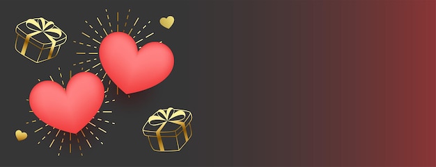 3d 하트와 황금 선물 상자가 있는 사랑스러운 발렌타인 데이 인사말 배너
