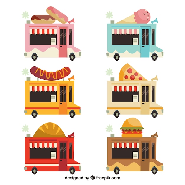 Free vector lovely variety of flat food trucks