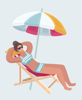 Прекрасные векторные иллюстрации на летних каникулах пляжного курорта взрослая девушка, наслаждаясь солнцем на шезлонге