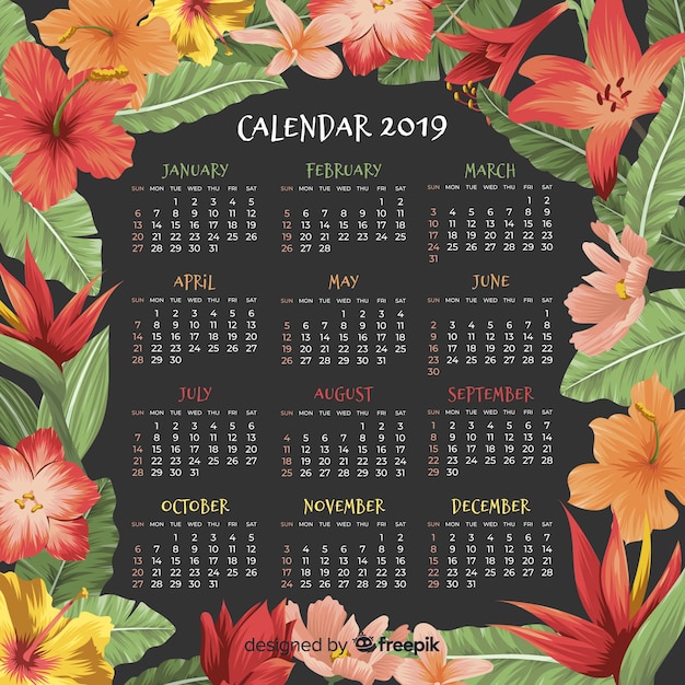 Lovely watercolor 2019 calendar template