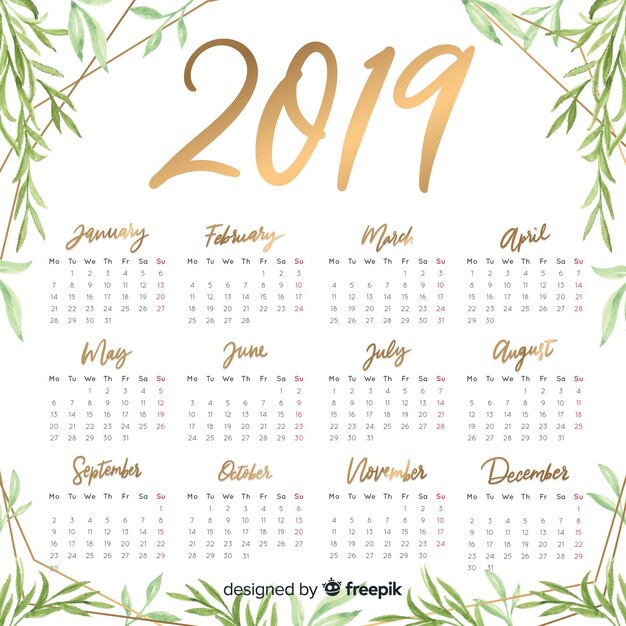 Симпатичный акварельный шаблон 2019 календаря