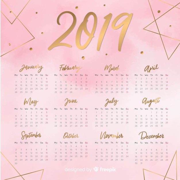 Lovely watercolor 2019 calendar template