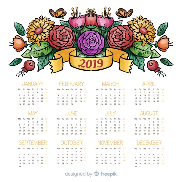 Vettore gratuito modello di calendario acquerello bella 2019