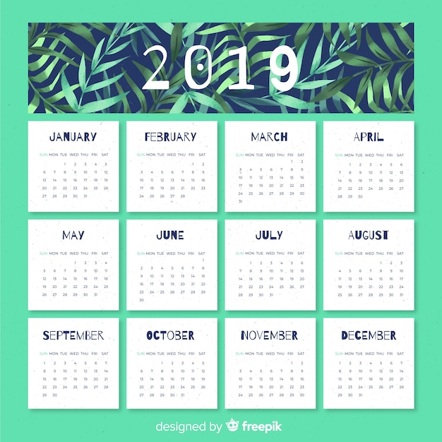 Free vector lovely watercolor 2019 calendar template