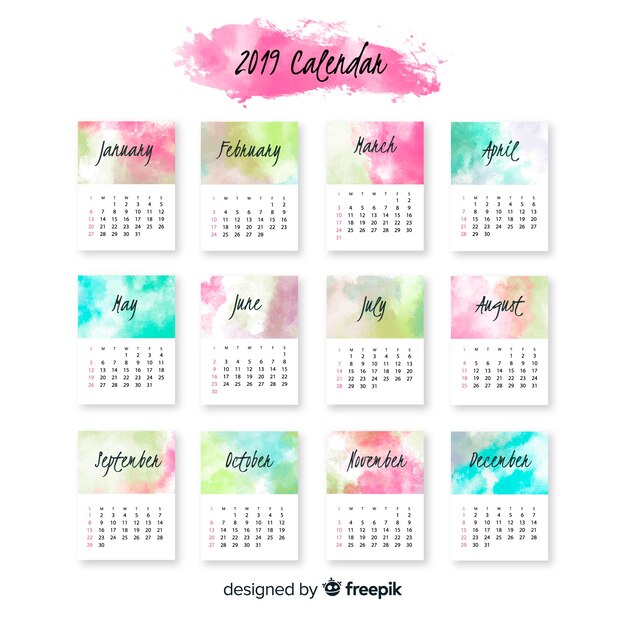 Lovely watercolor 2019 calendar template