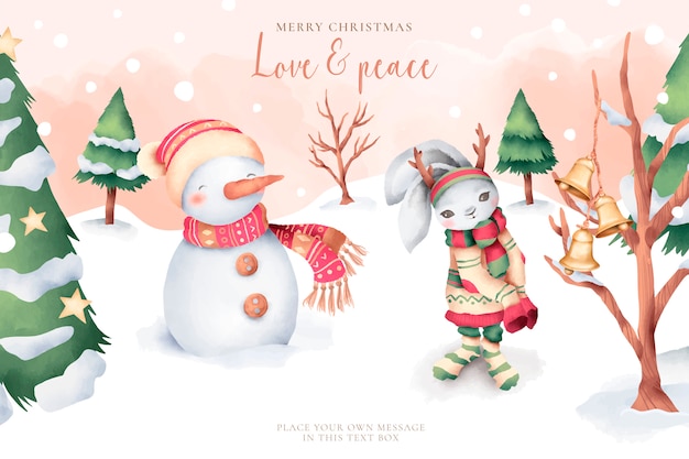 Lovely Watercolor Christmas Card with Cute Characters