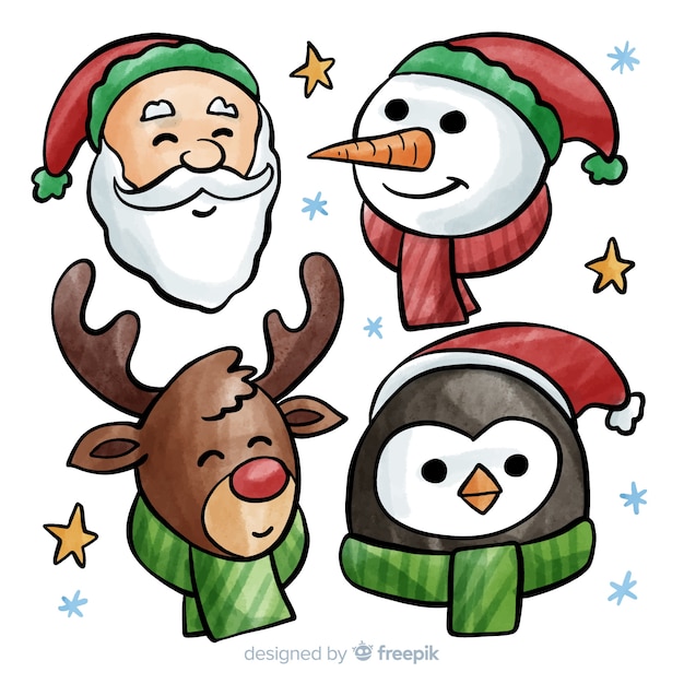 Free vector lovely watercolor christmas character collection