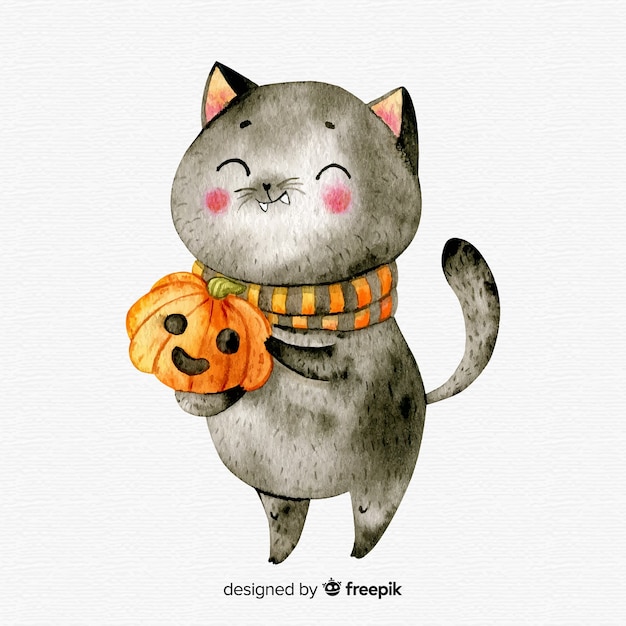 Free vector lovely watercolor halloween black cat