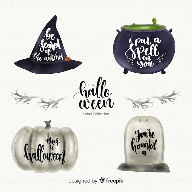 Vettore gratuito bella collezione di etichette di halloween dell'acquerello