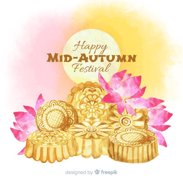 Free vector lovely watercolor mid autumn festival composition