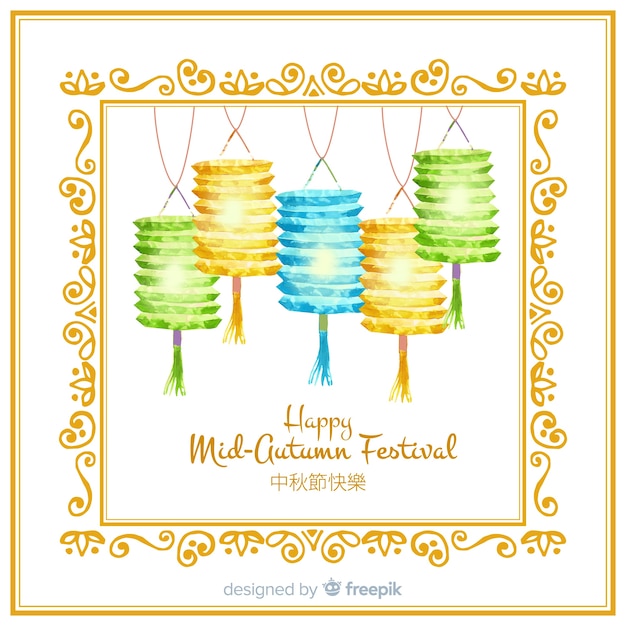 Free vector lovely watercolor mid autumn festival composition