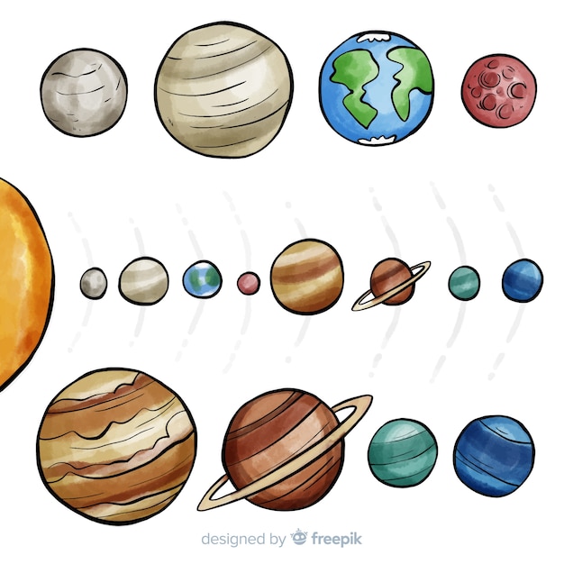 Free vector lovely watercolor solar system composition