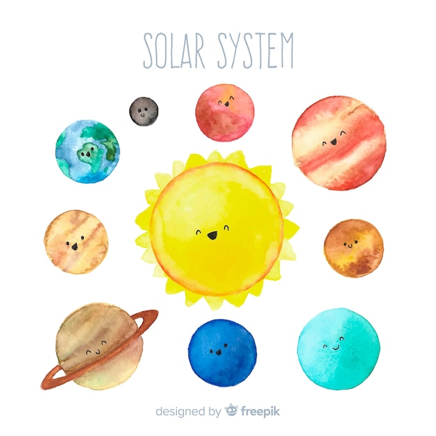 Free vector lovely watercolor solar system