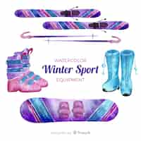 Vettore gratuito bella collezione di elementi di sport invernali dell'acquerello