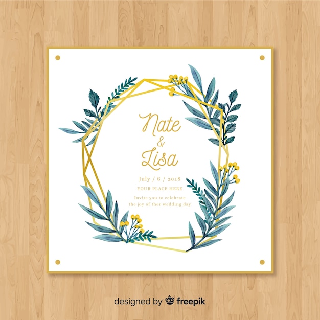 Lovely wedding card template with watercolor leaves