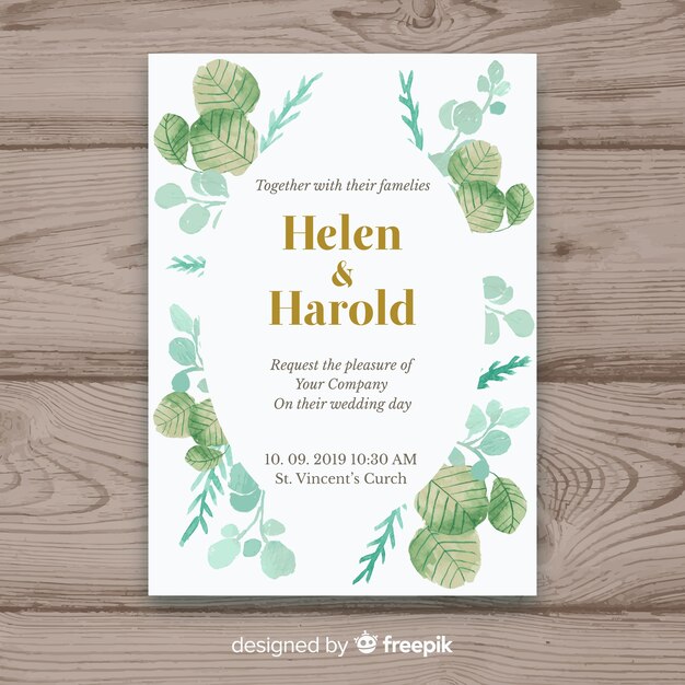 Lovely wedding card template with watercolor leaves