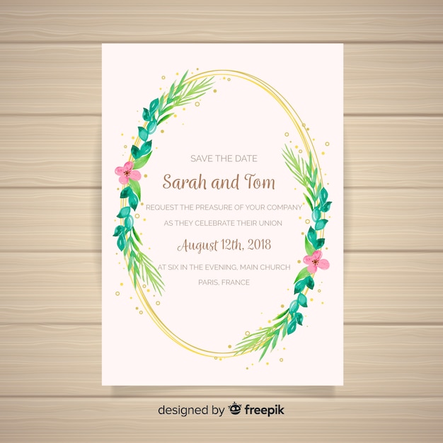 Free vector lovely wedding card template with watercolor leaves