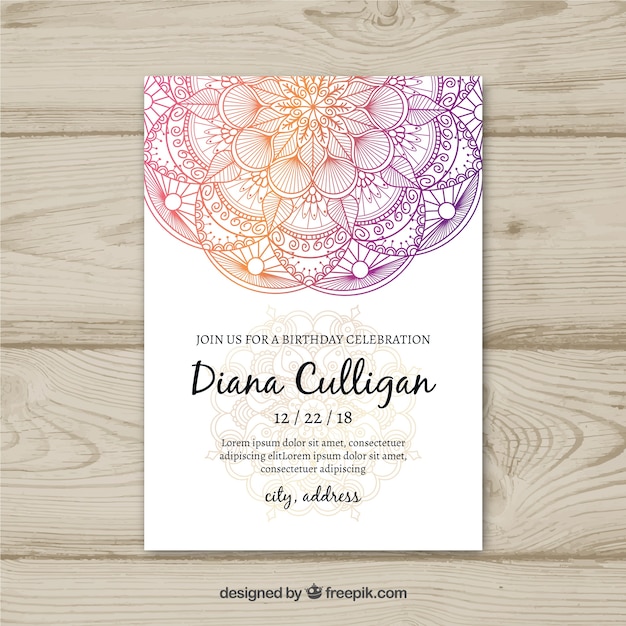 Free vector lovely wedding invitation template with colorful mandala